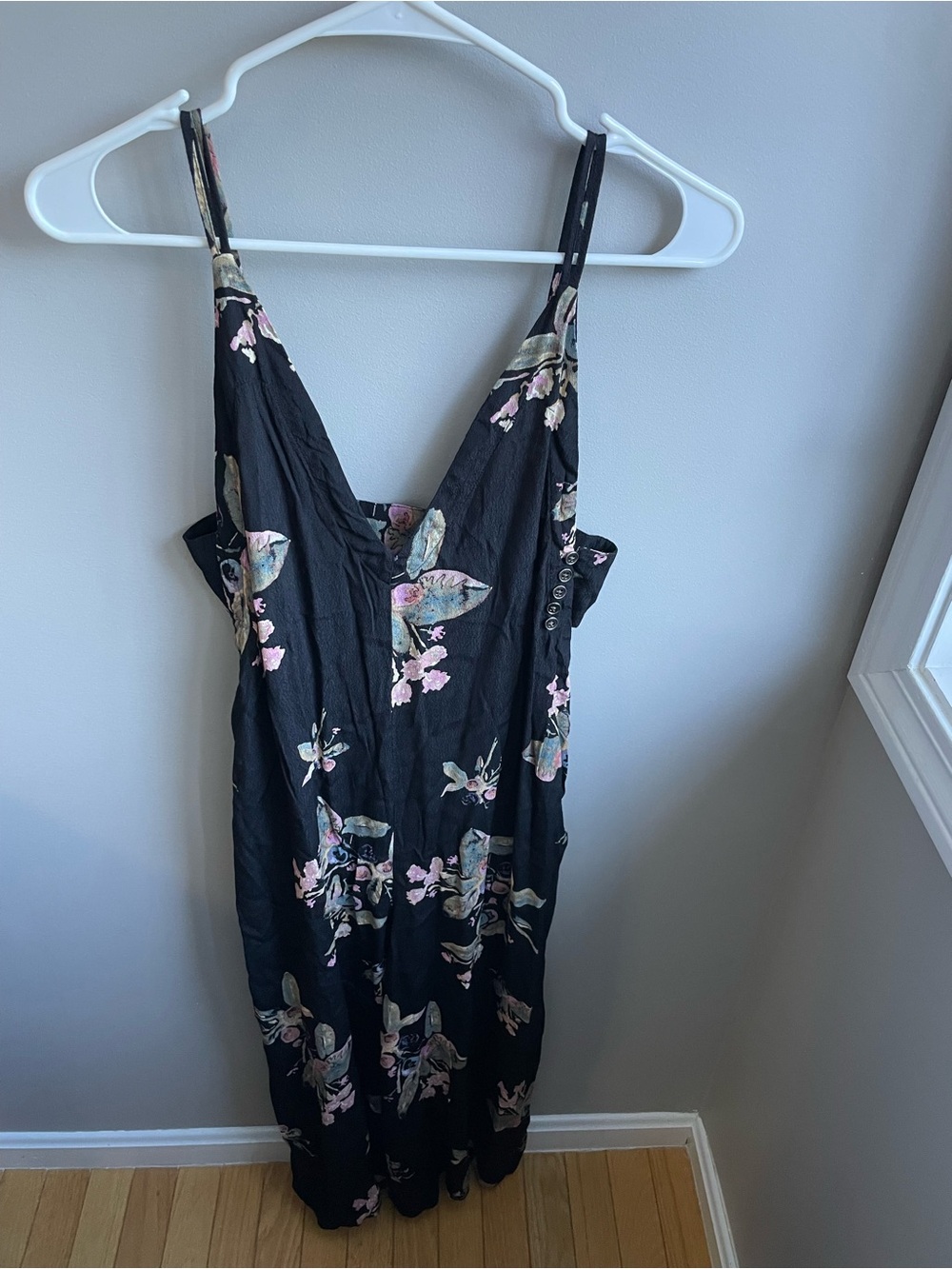 Free People Black Floral Slip Jumpsuit with Pink Floral Accents